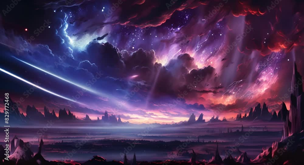 Glowing abstract meteor shower in rich purples and blues against a dark sky Glowing abstract meteor shower in rich purples and blues against a dark sky