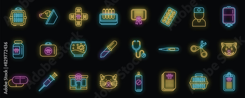 Veterinary clinic icons set outline vector. Pet dog. Puppy animal neon color on black photo