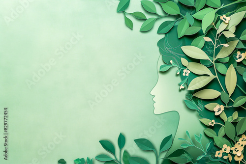 Female face silhouette with leaves and flowers on a light green background with copy space