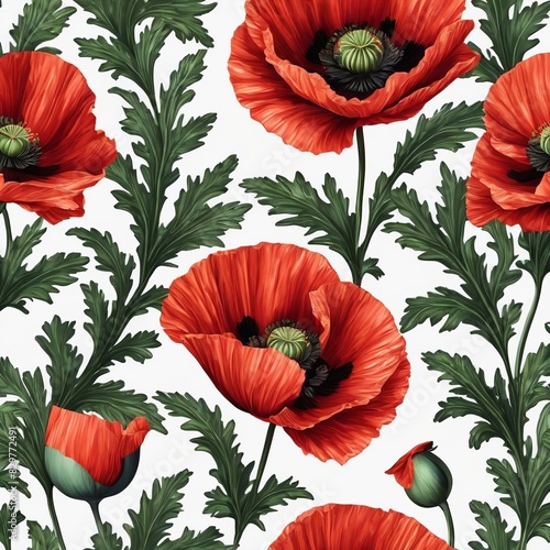 Red Poppy flower pattern Floral Nature illustration AI (ID: 829772491)