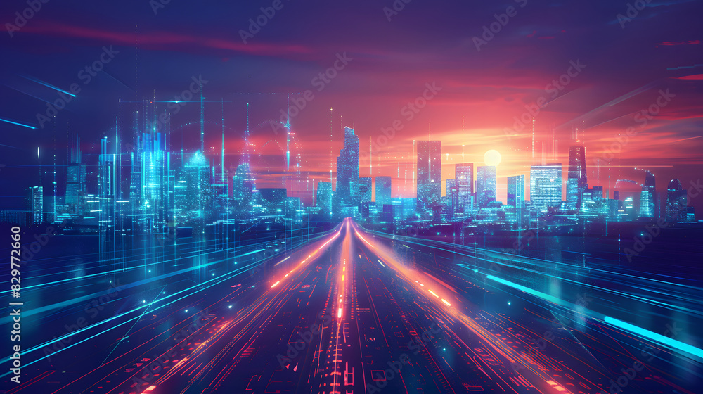 Abstract road leading to modern city, digitization concept virtual reality and communication Abstract road leading to modern city, digitization concept virtual reality and communication