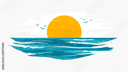 Minimal retro summer illustration with sun, sea and birds on white background