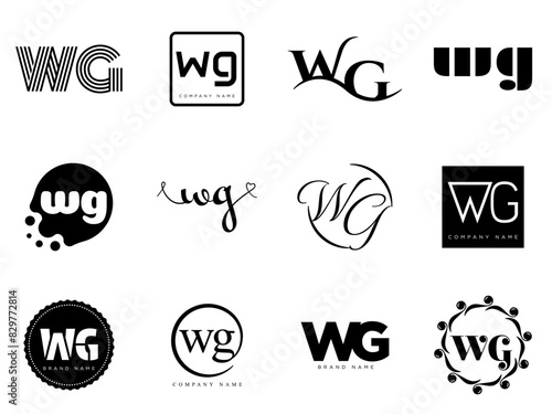 WG logo company template. Letter w and g logotype. Set different classic serif lettering and modern bold text with design elements. Initial font typography.