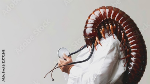 A millipede wearing a doctors coat, holding a stethoscope with a solid white background, copy space included photo