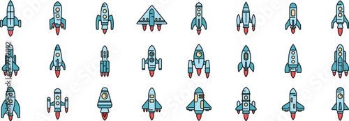 Spacecraft launch icons set outline vector. Rocket ship. Cosmos future thin line color flat on white