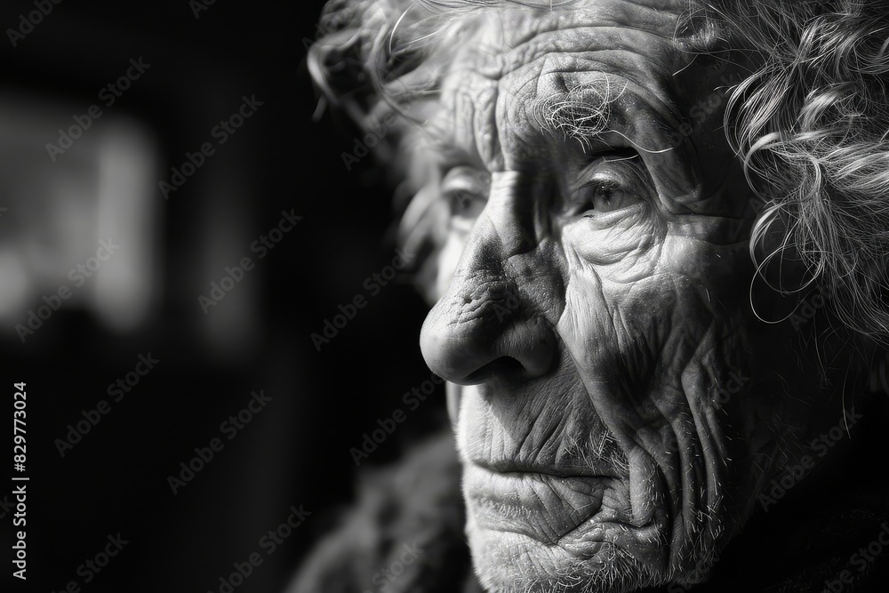 An elderly woman captured in black and white, showing her age and wisdom through facial features