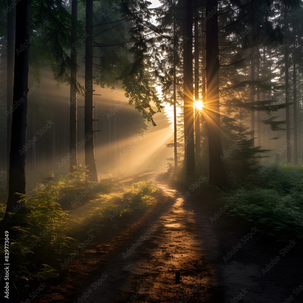 Obraz premium Sunrise in the misty forest with tall trees. Generative AI.