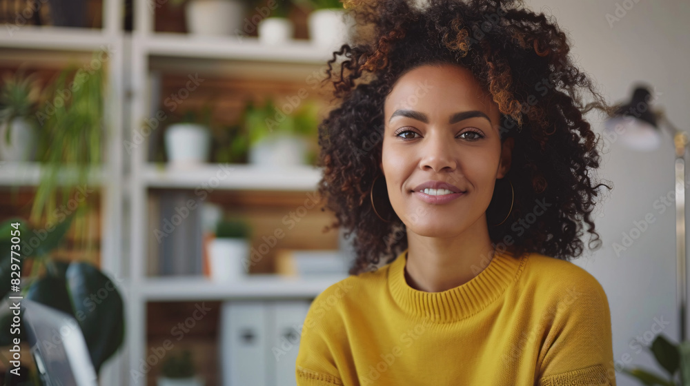 Fototapeta premium Confident woman smiling in home office. Portrait of a happy young woman with natural hair smiling while working from her home office