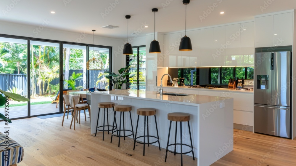 A stylish minimalist kitchen island with bar stools, pendant lights, and a few decorative items for a clean, modern look. A stylish minimalist kitchen island with bar stools, pendant lights, and a few decorative items for a clean, modern look.