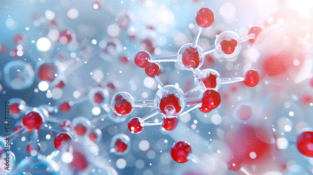 Abstract visualization of molecular structure and atomic bonds with red and white spheres on a blue background in a scientific illustration. Abstract visualization of molecular structure and atomic bonds with red and white spheres on a blue background in a scientific illustration.