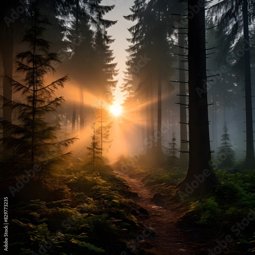 Sunrise in the misty forest with tall trees. Generative AI. © Studicon