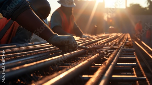 Closeup of rebar being meticulously unloaded from a truck by construction workers, sunlight glinting off the steel photo