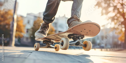 A closeup of a skateboarder's feet doing a trick , Person with a skateboard moving outside. 