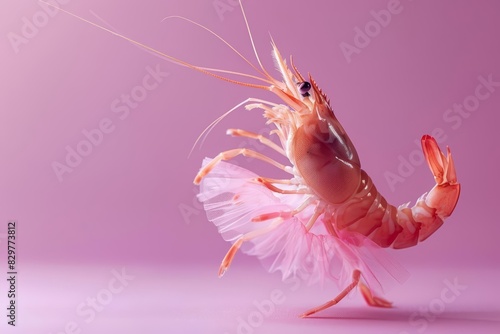 A shrimp in a ballerina outfit, dancing on a solid lavender background, copy space included photo