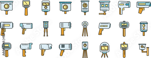 Speed radar icons set outline vector. Alert camera. Digital device thin line color flat on white
