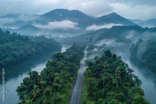 the river along with a road going through the border of the road professional photography