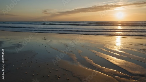 A tranquil beach scene bathed in the soft light of dusk  Immersing in the serene ambiance of a beach at twilight  Capturing the gentle hues of dusk embracing a peaceful shore  Embracing the tranquil 