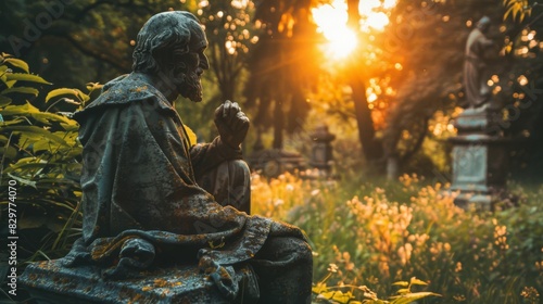 At sunset, the sunlight filters through the trees, illuminating a humanoid statue in a corner of the park, casting warm light that outlines tranquility and beauty