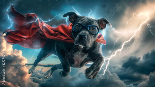 Superhero dog with a red cloak and eye mask flying in dramatic stormy sky. photo