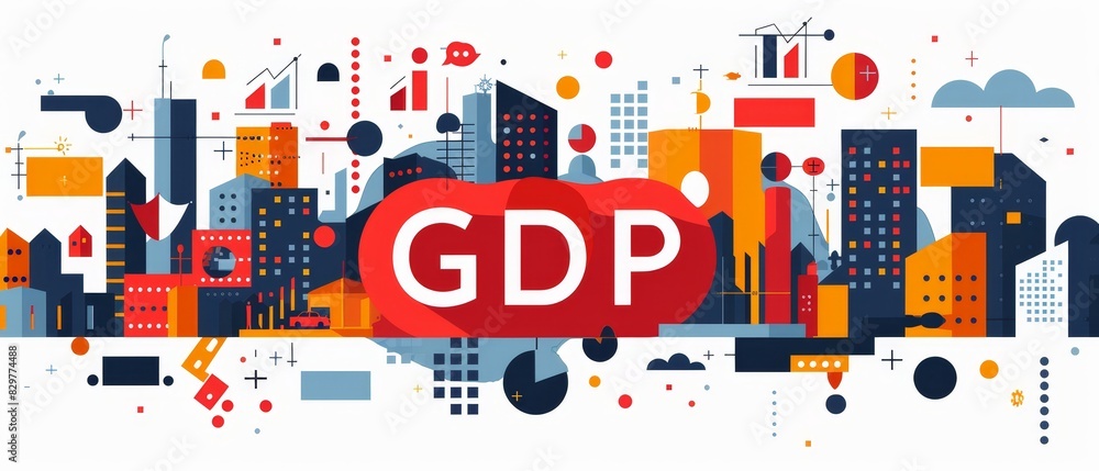 Obraz premium Colorful illustration of GDP growth in urban economy with modern infographic elements and cityscape.
