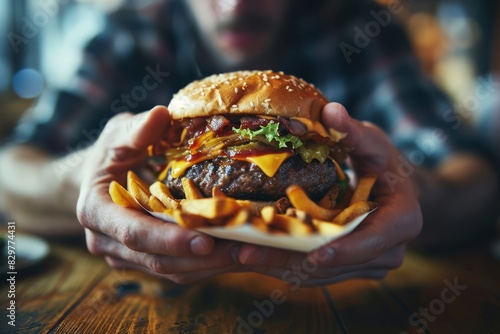 Close-up of an overweight mans hands holding a hamburger topped with cheese and a side of fries photo