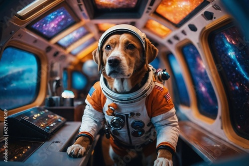 Fantasy image of dog, in a whimsical space suit, floats inside a colorful spaceship photo