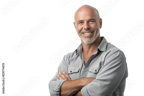 Bald Middle-Aged Man in Grey Shirt with Arms Crossed on White Background