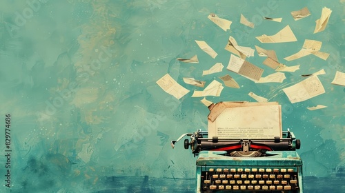 Abstract modern art collage portrait of a vintage typewriter with flying letters and papers photo