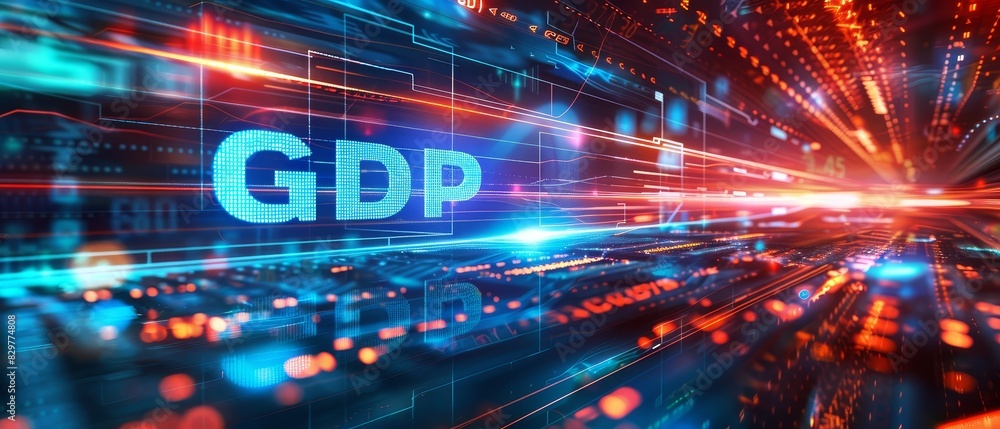 Obraz premium Futuristic digital illustration showcasing GDP with dynamic abstract backgrounds representing economic growth and data visualization.