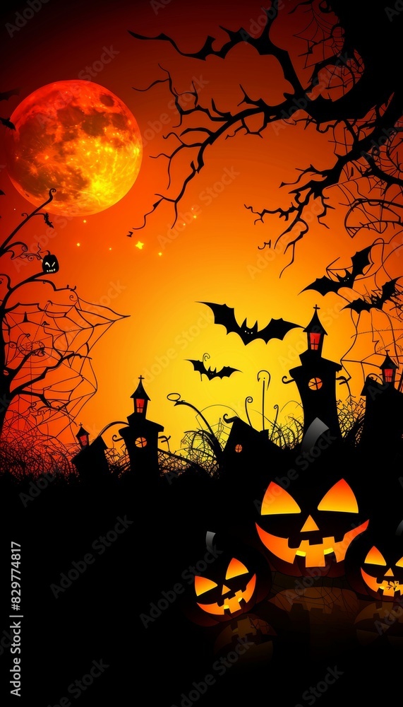 Vibrant halloween scene pumpkins, bats, ghosts, and haunted houses on orange background Vibrant halloween scene pumpkins, bats, ghosts, and haunted houses on orange background