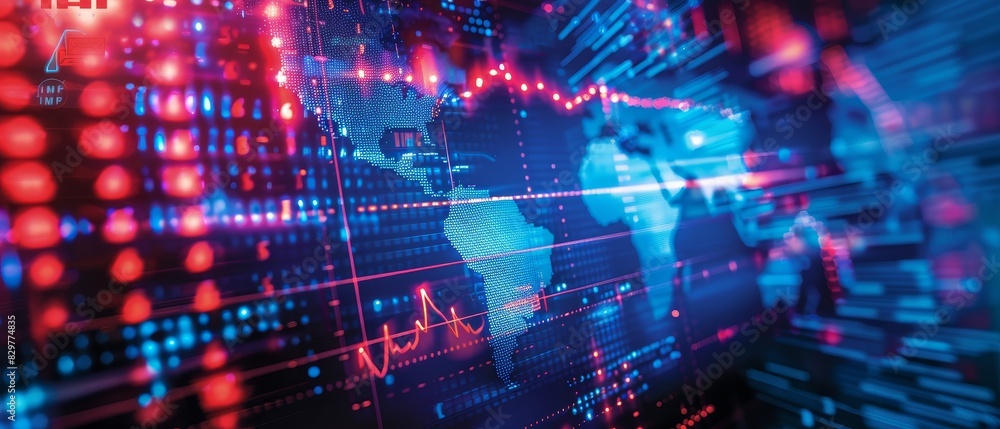 Futuristic digital interface with global data visualization, representing technology, finance, and network connectivity on a world map. Futuristic digital interface with global data visualization, representing technology, finance, and network connectivity on a world map.
