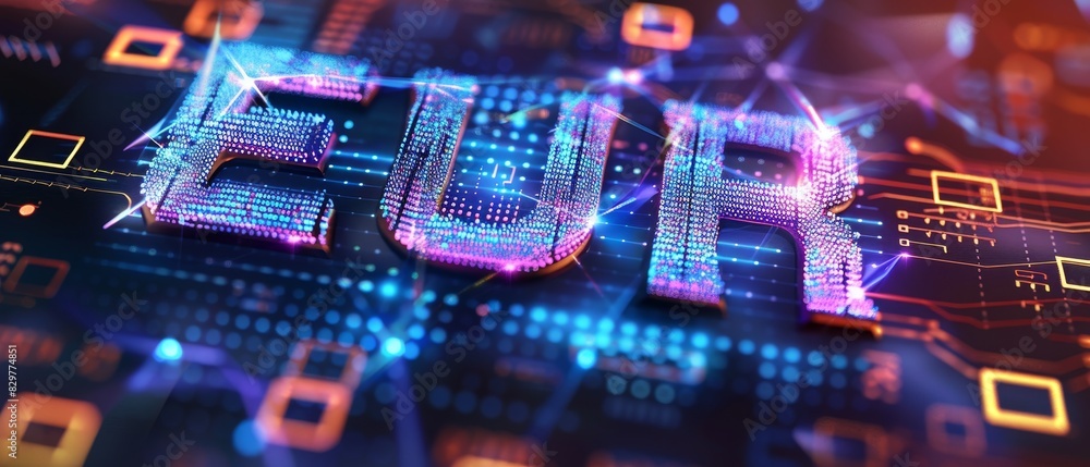 Futuristic digital rendering of EUR currency symbol, glowing with vibrant colors, representing technology and finance integration. Futuristic digital rendering of EUR currency symbol, glowing with vibrant colors, representing technology and finance integration.