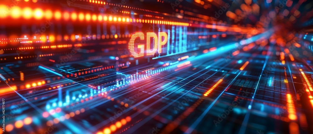 Futuristic digital representation of GDP with vibrant neon lights and data lines symbolizing economic analysis and growth. Futuristic digital representation of GDP with vibrant neon lights and data lines symbolizing economic analysis and growth.