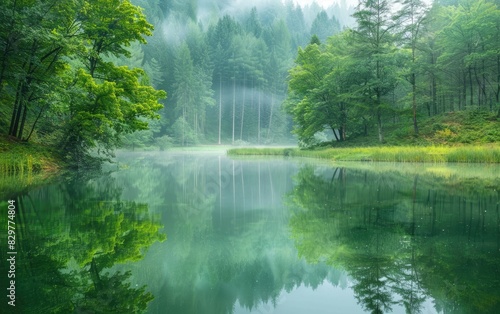 Reflecting Natures Serenity Amidst Towering Trees  The Peaceful Aura of a Misty Woodland Pool Mirroring the Verdant Canopy Ai Generated