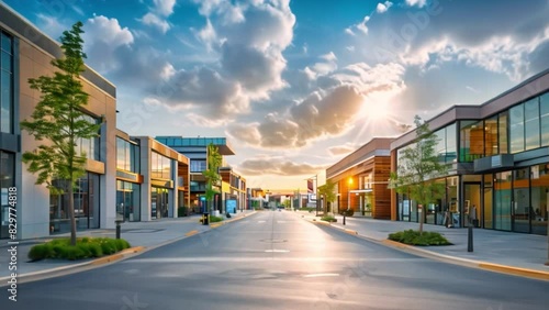 A vibrant commercial street at sunset, featuring modern buildings with rental spaces, trees, and various shops on both sides.