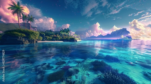 Amazing landscape view of an atoll surrounded by crystalclear waters  with vibrant coral reefs and exotic marine life  presented in synthwave color