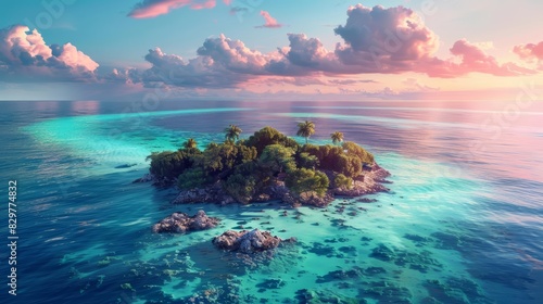 Amazing landscape view of an atoll surrounded by crystalclear waters, with vibrant coral reefs and exotic marine life, presented in synthwave color