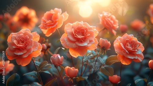 A cluster of delicate pink roses bathed in warm sunlight.