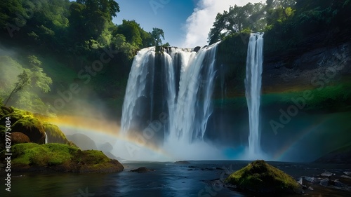 A Stunning Waterfall in a Tropical Setting with Lush Greenery - Capturing Nature's Beauty, Magnificent Tropical Waterfall Amidst Lush Foliage, Discover the Beauty of a Tropical Waterfall in a Lush