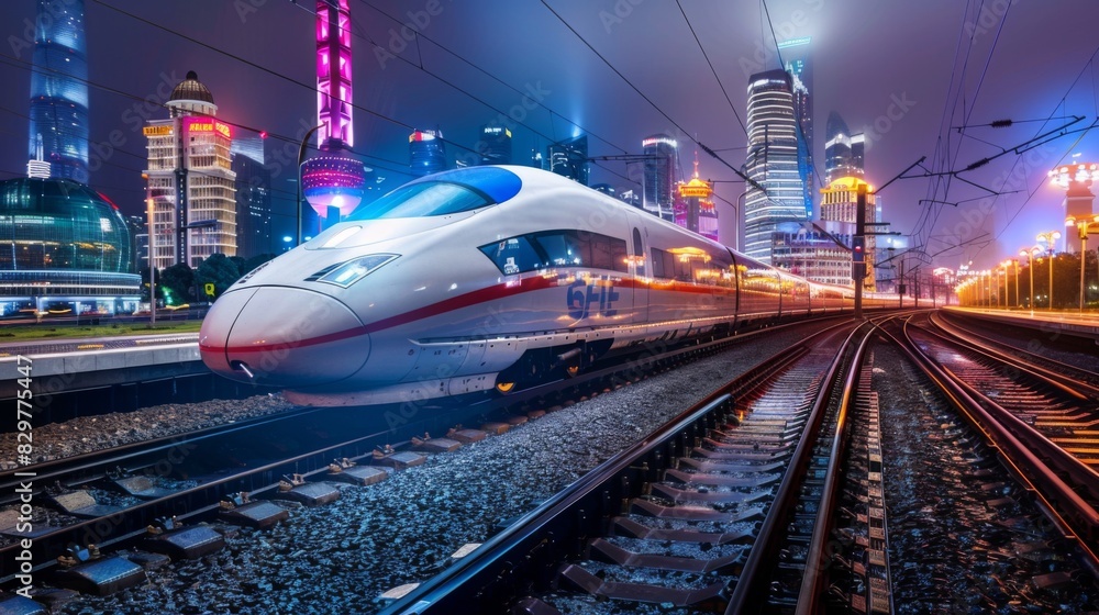 Fototapeta premium A time-lapse of a high-speed train streaking past colorful city lights at night, representing the speed and efficiency of modern rail travel.