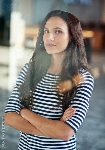 Free Download Portrait, arms crossed and creative business woman in office, workplace and company for startup job. Face, confidence and young entrepreneur, employee and graphic designer working on career in Italy - GFXLoad