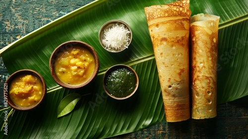 A traditional Indian breakfast featuring dosa, sambar, and coconut chutney on a banana leaf. photo