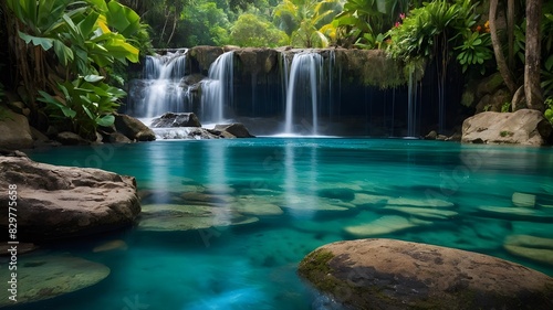 A Stunning Waterfall in a Tropical Setting with Lush Greenery - Capturing Nature s Beauty  Magnificent Tropical Waterfall Amidst Lush Foliage  Discover the Beauty of a Tropical Waterfall in a Lush