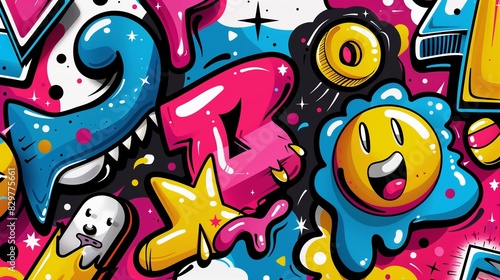 Playful cartoon graffiti art with colorful characters and whimsical shapes © Anastasia