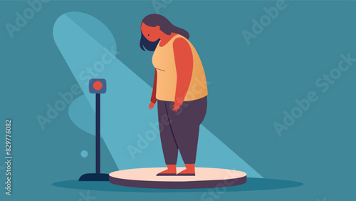 A person standing on a scale anxiously waiting for the number to appear consumed by the negative impact of body shaming on their selfimage.. Vector illustration