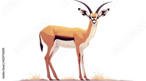 This illustration showcases a cartoon style design of an African wild black tailed gazelle with long horns presented in a flat 2d format against a white background depicting the side view o