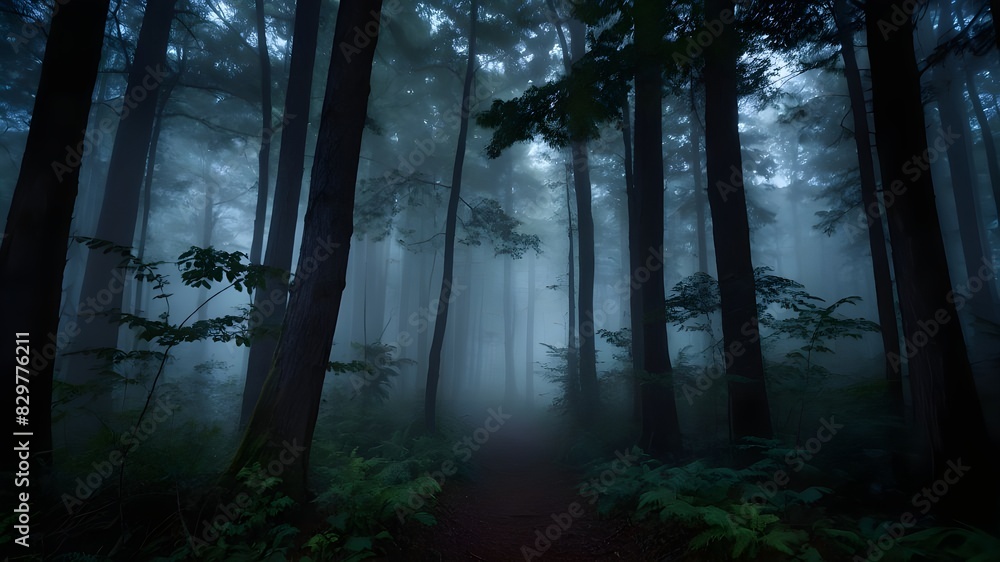 Fototapeta premium Step into a mystical woodland scene straight out of a fairy tale, immerse yourself in the enchanting beauty of a magical forest, wander through ancient trees draped in moss and mystery, encounter whim