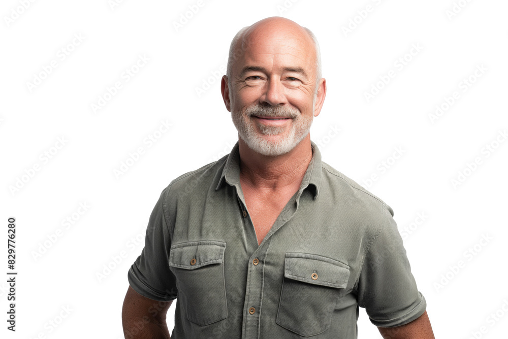 Bald Middle-Aged Man in Green Shirt Smiling on White Background Bald Middle-Aged Man in Green Shirt Smiling on White Background