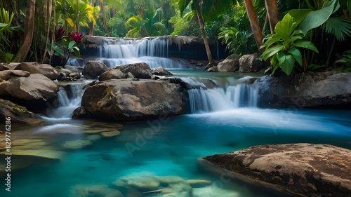 A Stunning Waterfall in a Tropical Setting with Lush Greenery - Capturing Nature s Beauty  Magnificent Tropical Waterfall Amidst Lush Foliage  Discover the Beauty of a Tropical Waterfall in a Lush 