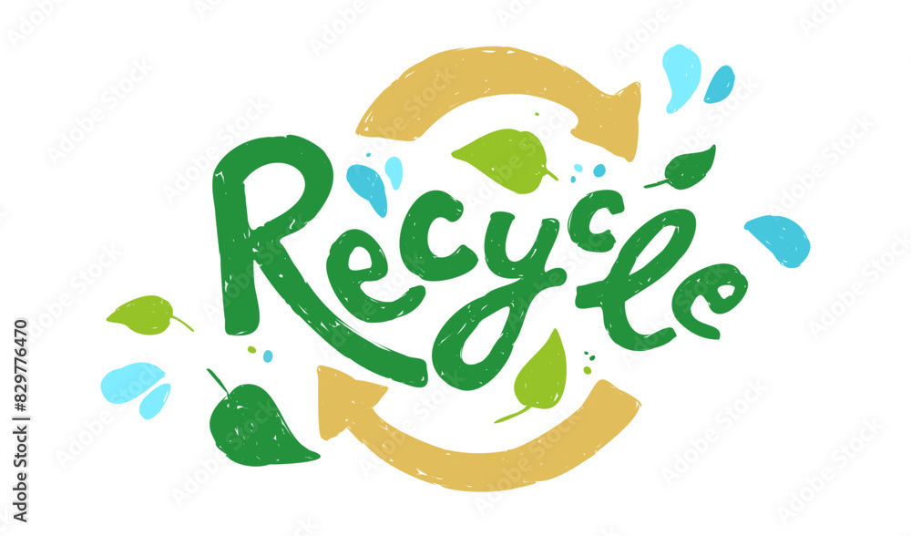 Recycle sign, arrows, leaves, water drops. Ecology, zero waste and sustainability. Vector illustration isolated on white background Recycle sign, arrows, leaves, water drops. Ecology, zero waste and sustainability. Vector illustration isolated on white background
